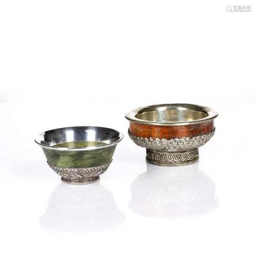 White metal and green hardstone bowl Nepal with embossed pan...