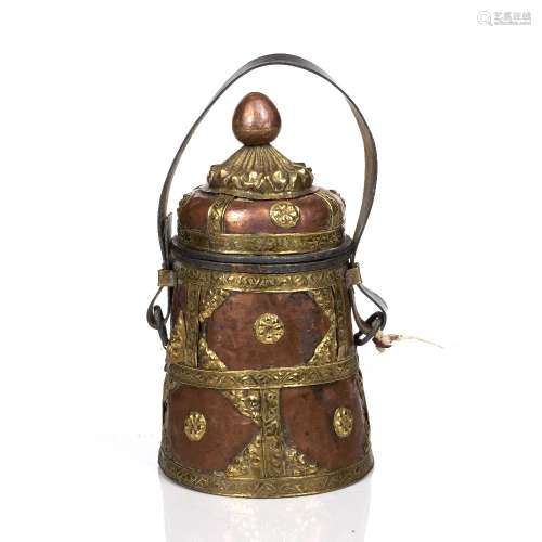 Copper and brass pot Bhutan of tapered form with leather han...
