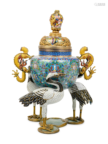 A Chinese Cloisonné Enamel 'Crane' Tripod Incense