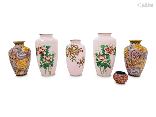 Six Japanese Pink Ground Cloisonné Enamel Vessels