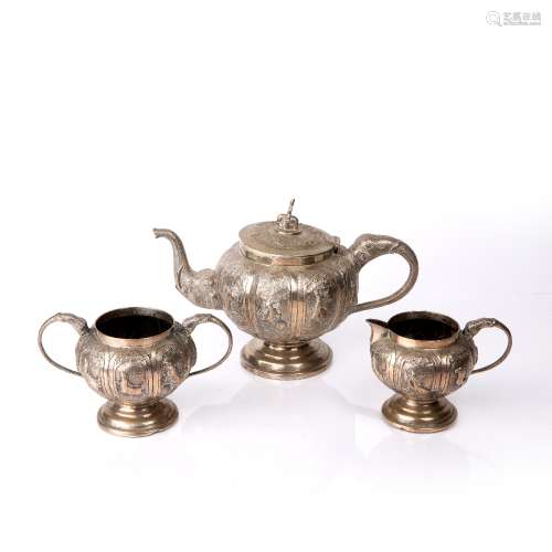 White metal Bombay teaset Indian with embossed panels of var...