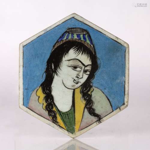 Qajar hexagonal tile Iran painted with the head of a girl, 2...