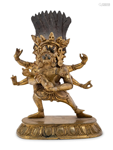 A Small Tibetan Gilt Bronze Figure of Rakta Yamari