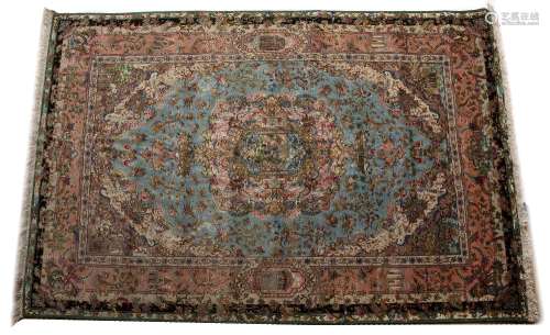 Silk prayer rug Persian of blue and pink ground with buildin...