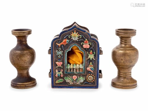 A Small Chinese Enamel on Metal Shrine and A Pair of