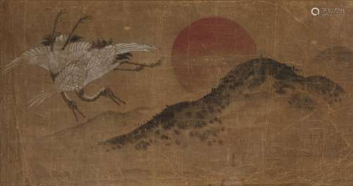19th/20th Century Japanese 'Two Cranes at sunrise' watercolo...