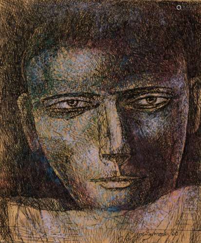 Ganesh Pyne (1937 - 2013) Head of a man, pastel and ink on p...