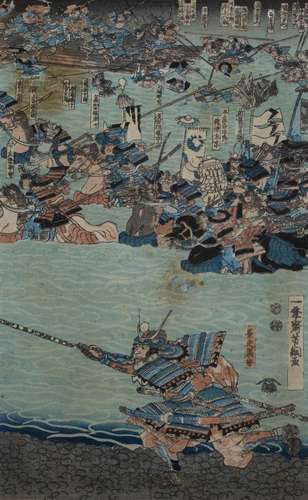 Two Japanese woodblock prints one with samurai in foreground...