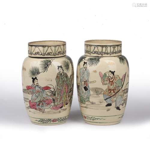 Pair of Kyoto vases Japanese, 19th Century each painted with...