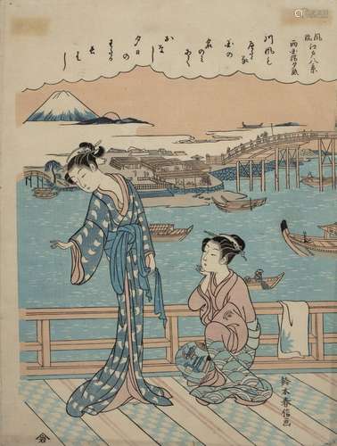 Suzuki Harunobu (1724-1770) 'Two beauties by harbour' woodcu...