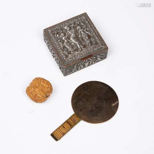 Square silver metal box Indian embossed with various deities...