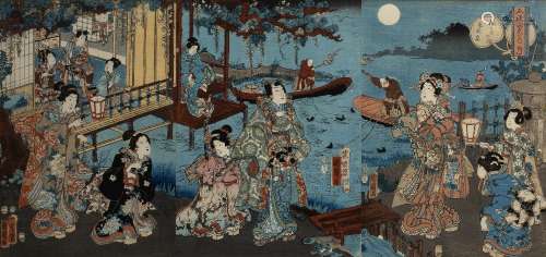19th Century Japanese woodblock triptych 'Untitled', 35cm x ...