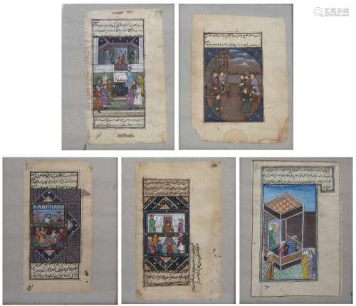 Five painted miniatures Indian depicting palace and other sc...