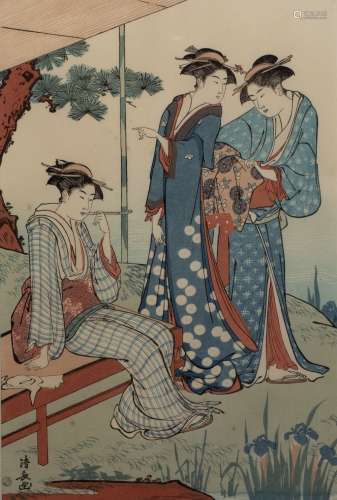 Torii Kiyonaga (1752-1815) 'Tea stand on a hill with figures...