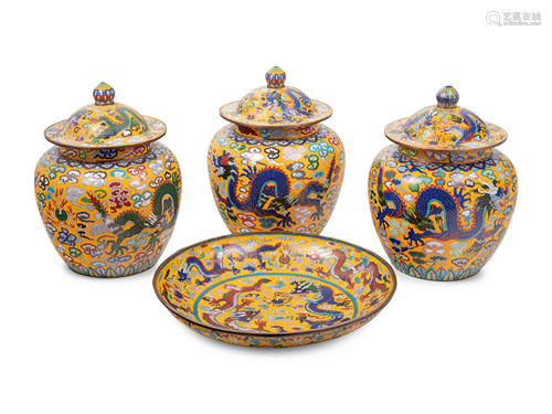 Four Chinese Yellow Ground Cloisonné Enameled