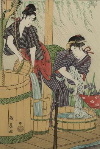 20th Century Japanese 'Two washer women' woodblock print, ma...