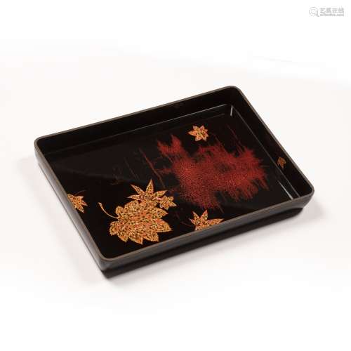 Black lacquer tray Japanese with leaf decoration, 31cm x 22c...