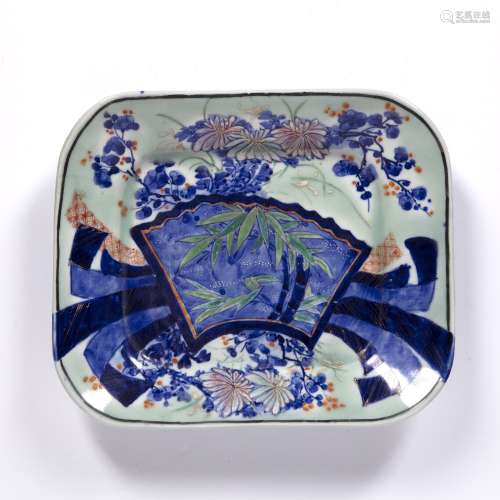 Celadon glazed dish Japanese decorated to the centre with ba...