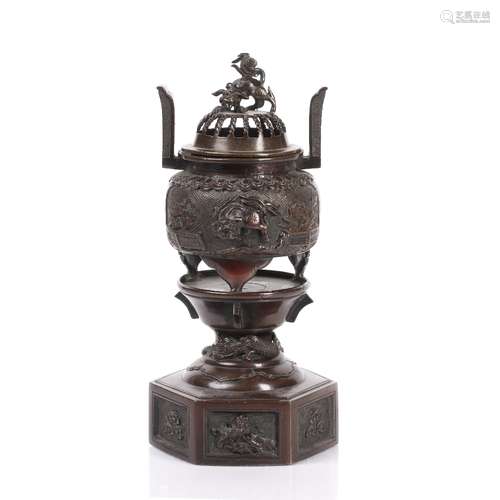 Bronze lidded censer Japanese, circa 1900 with hexagonal bas...