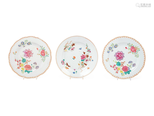 Three Chinese Export Famille Rose Porcelain Plates