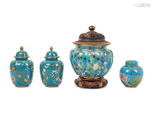 Four Chinese Blue Ground Cloisonné Enamel Jars and