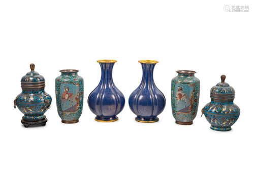 Three Pairs of Japanese Blue Ground Cloisonné