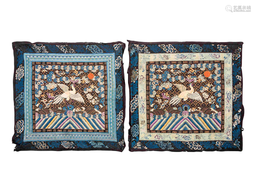 A Pair of Chinese Embroidered Silk Rank Badges,Buzi