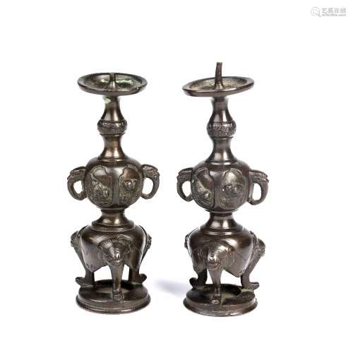 Pair of bronze miniature pricket candle sticks Japanese, Mei...