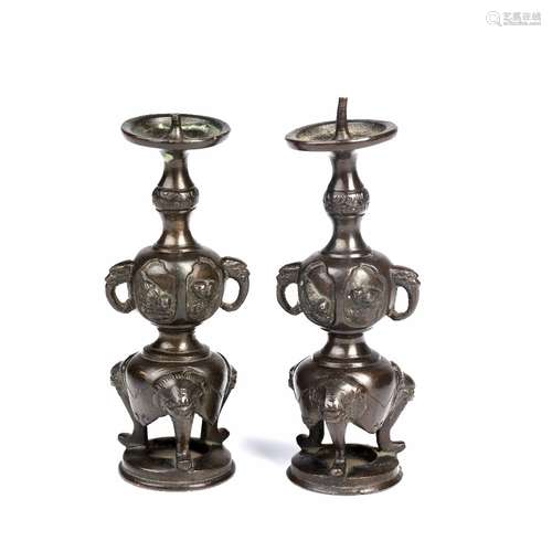 Pair of bronze miniature pricket candle sticks Japanese, Mei...