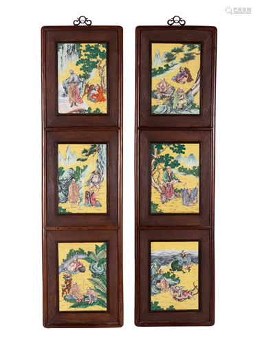 A Pair of Chinese Famille Rose Porcelain Inset Hardwood