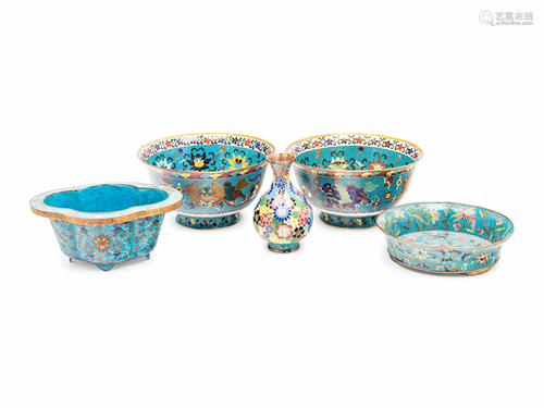 Five Chinese Blue Ground Cloisonné Enameled