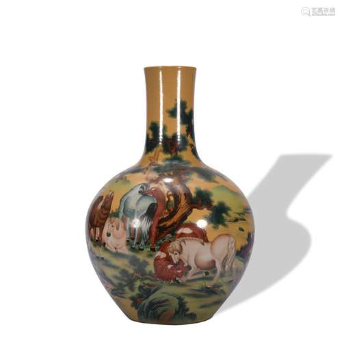 A yellow ground 'horses' globular vase