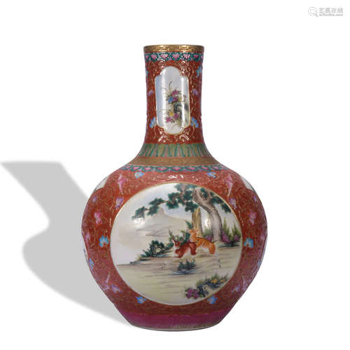 A red ground famille-rose globular vase