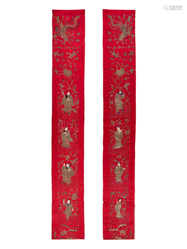 A Pair of Chinese Red Ground Embroidered Silk Panels