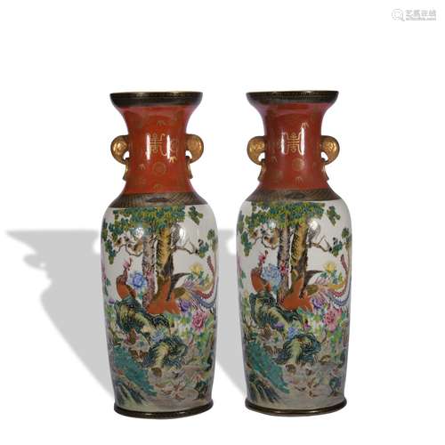 A pair of famille-rose 'floral and birds' vase