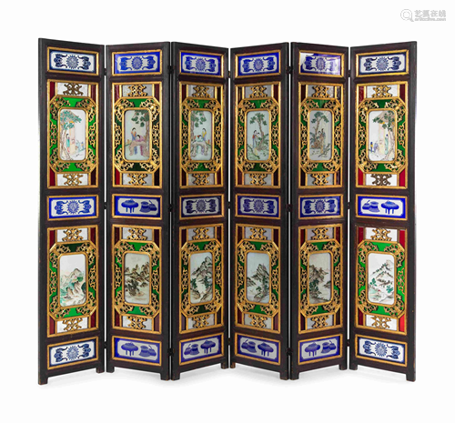 A Chinese Painted Glass Inset Gilt Decorated Hardwood