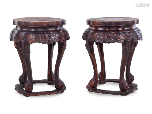 A Pair of Chinese Lacquered Hardwood Flori-Form Stools