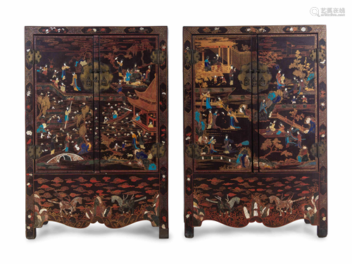 A Large Pair of Chinese Soapstone and Hardstone Inlaid