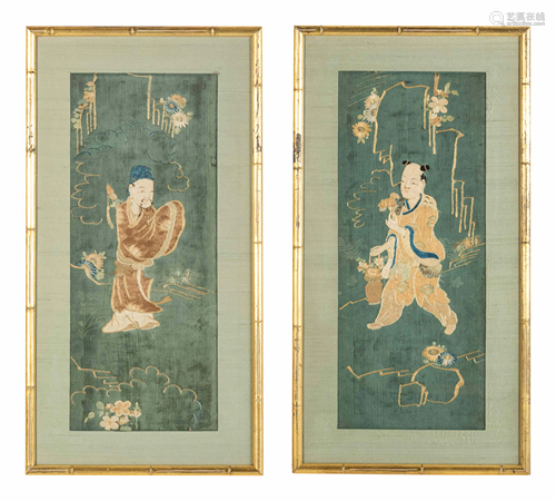 Two Chinese Embroidered and Woven Silk Panels