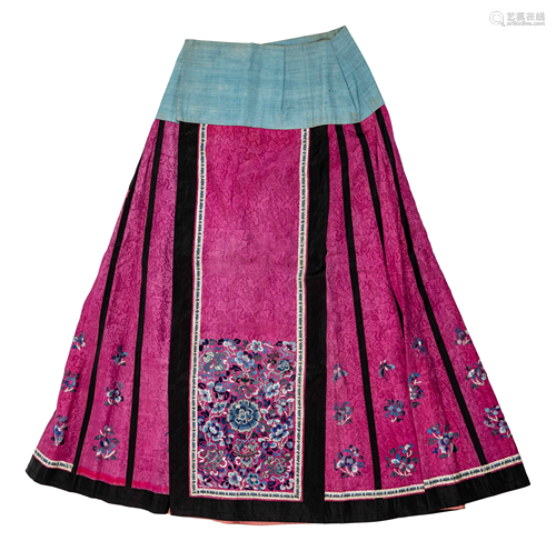 A Chinese Fuchsia Ground Embroidered Silk Apron Skirt