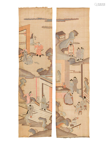 A Pair of Chinese Cream Ground Kesi Woven Silk Panels