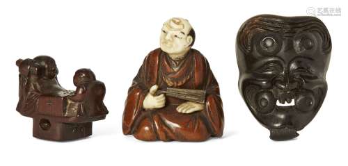 Three Japanese wood netsuke, 19th century, carved as Hotei a...