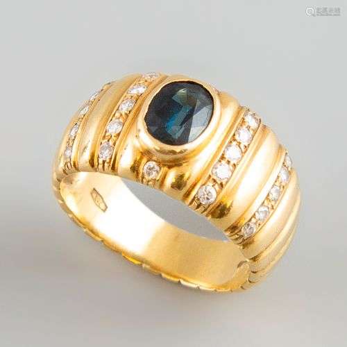 Bague en or jaune 18K 750° ornée d'un saphir alterné de lign...