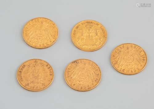 Cinq pièces de 10 Reichsmarks or. Poids 19,7g