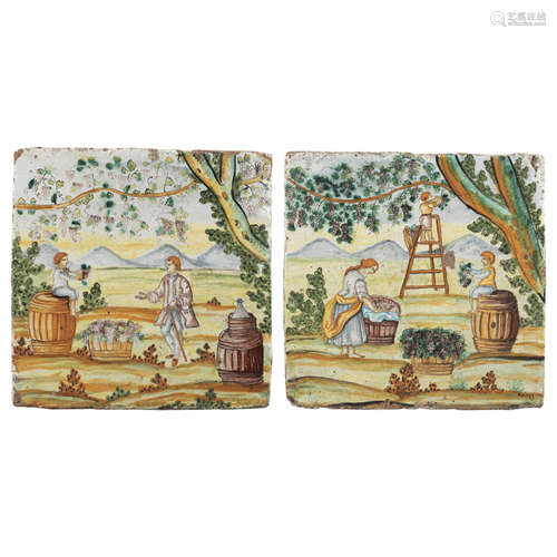 Two majolica tiles painted in polychrome Castelli, XVIII Sec...