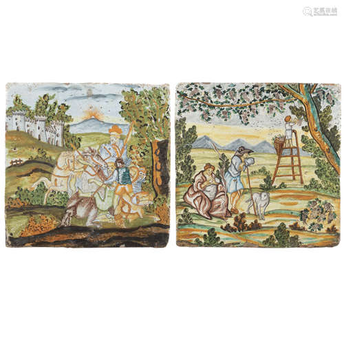 Two majolica tiles painted in polychrome Castelli, XVIII Sec...