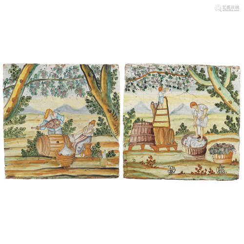 Two majolica tiles painted in polychrome Castelli, XVIII Sec...