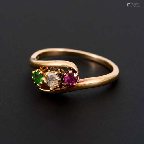 Jugendstil-Ring mit Smaragd, Rubin und Diamantrose