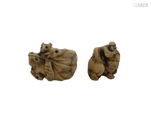 Netsuke 19th Century Ivory Mice & Man On Dragon Figure Meiji...