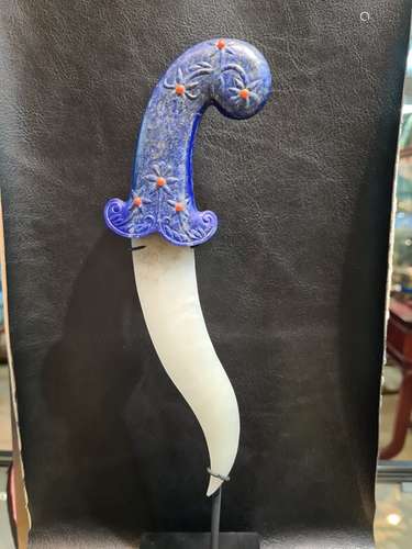 Decorative Indian Mughal Knife White Jade & Carved Lapis Laz...